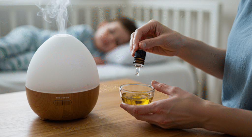 Preparazione sicura dell'olio di eucalipto per diffusione ambientale per le adenoidi bambini.
