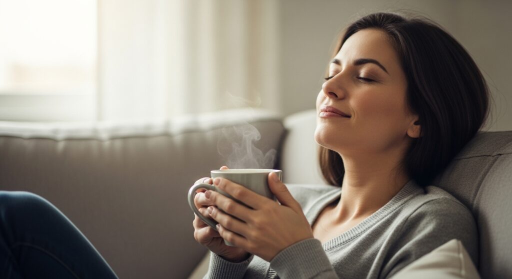 Donna che prova sollievo dalla nausea mentre beve una tisana allo zenzero, seduta su un divano in un ambiente confortevole.