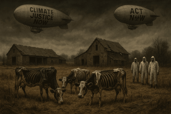 Paesaggio rurale britannico devastato da politiche ecologiche estreme.