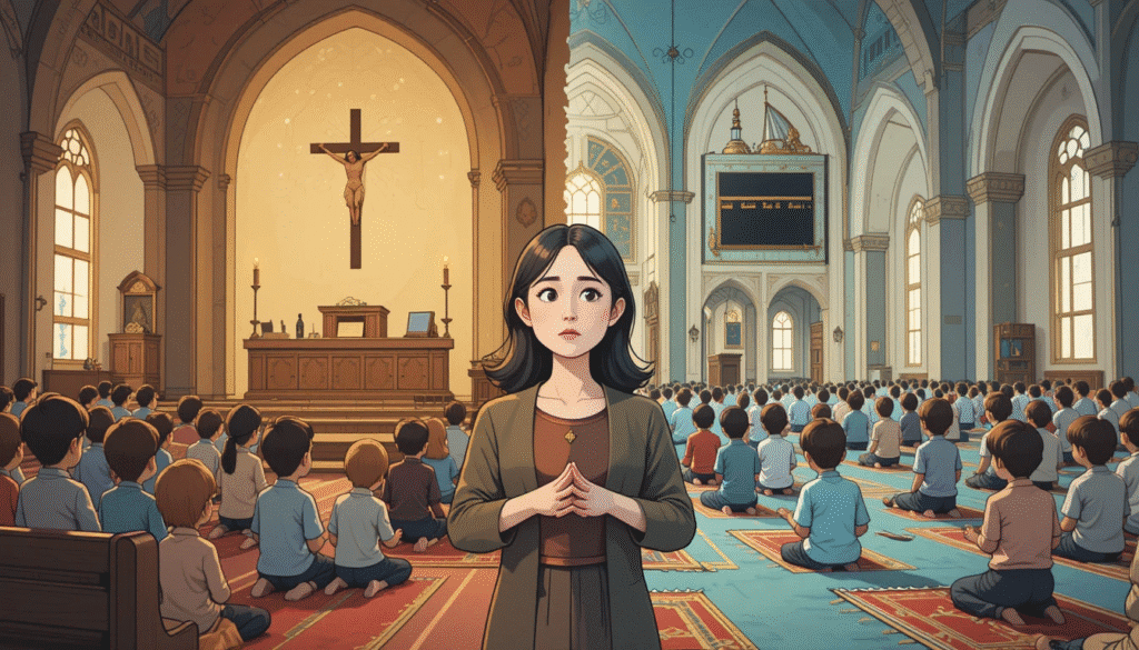 Illustrazione simbolica del dilemma dell'educazione interculturale tra identità religiosa cristiana e islamica in ambito scolastico.