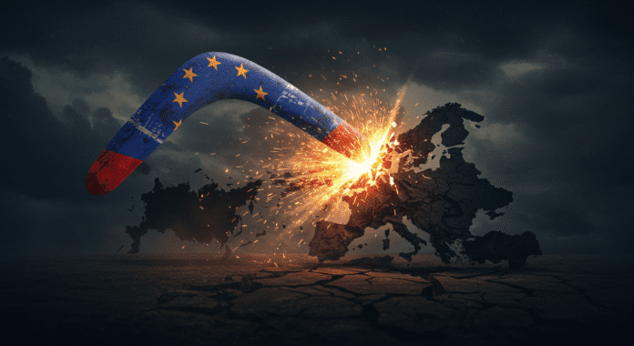 Boomerang con bandiera UE sbiadita che torna a colpire una mappa crepata dell'Europa, metafora delle sanzioni boomerang contro la Russia.