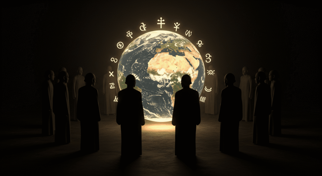 Elite globali che manipolano un globo terrestre con simboli religiosi fusi, rappresentazione del controllo tramite la Sinarchia.