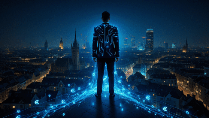 Illustrazione distopica dell'euro digitale come strumento di controllo della BCE sulla società europea.