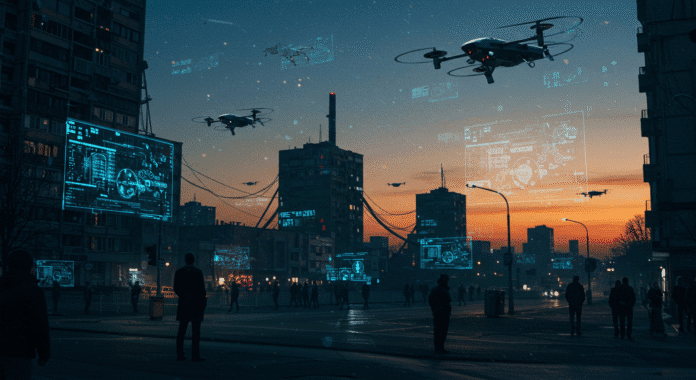 Un’Europa oscurata da elicotteri militari e ologrammi di dati, con cittadini ridotti a silhouette sotto torri di controllo.