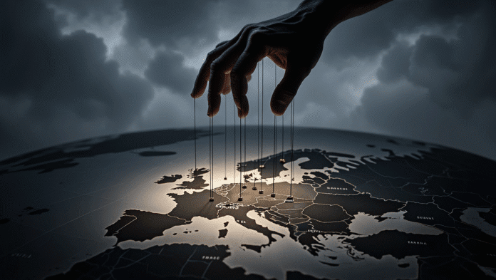 Mappa dell'Europa con fili da marionetta controllata da una mano oscura, simbolo di servitù e ingerenza esterna.