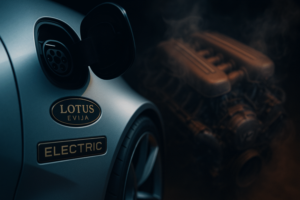 Dettaglio della hypercar elettrica Lotus Evija a confronto con l'immagine evocativa di un tradizionale motore V12.
