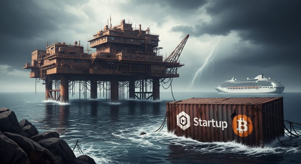 I resti di un progetto fallito di città galleggiante libertaria in un mare in tempesta, simbolo del naufragio di un'utopia.