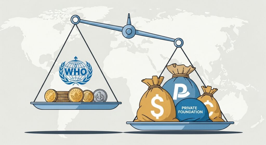 Bilancia inclinata con il logo OMS da un lato e sacchi di denaro da fondazioni private dall'altro, illustrando il peso della filantropia.