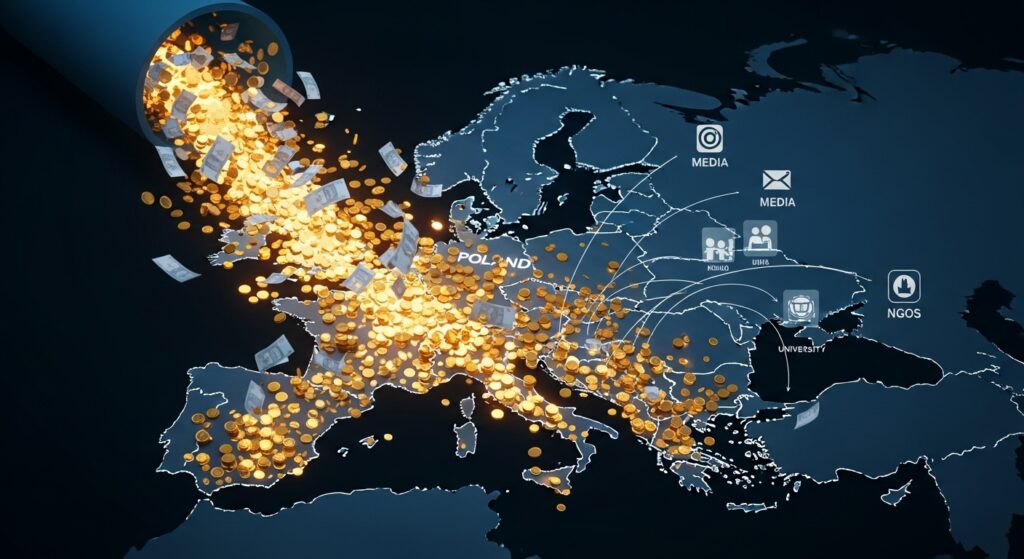 Mappa dei flussi finanziari della Open Society in Europa, con focus su Polonia e Ungheria.