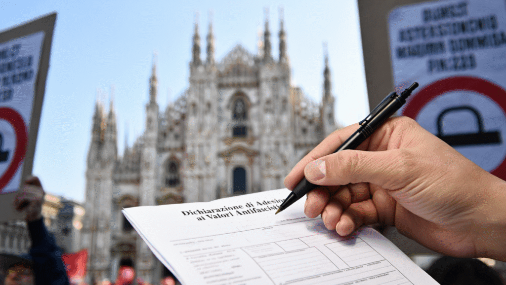 Mano con penna in procinto di firmare, o meno, il patentino antifascista a Milano, simbolo del dilemma sulla libertà di pensiero.