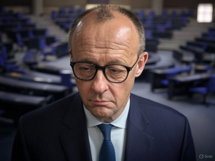 Friedrich Merz appare sconfitto e isolato nell'aula del Bundestag dopo la bocciatura alla carica di Cancelliere.