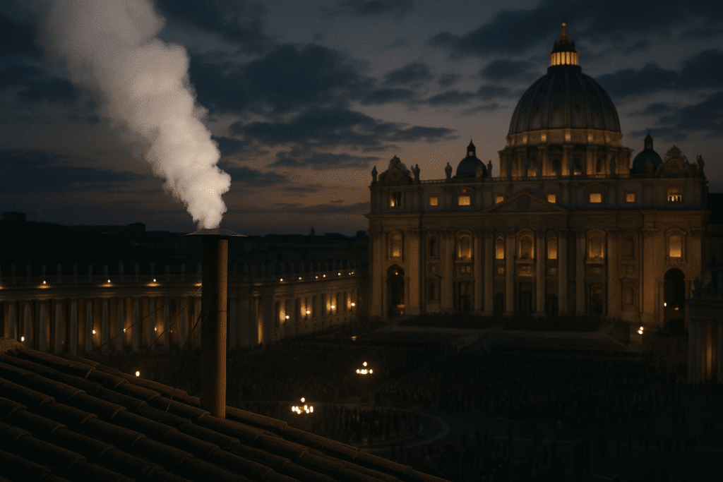 Fumata bianca dal comignolo della Cappella Sistina annuncia l'elezione di Papa Leone XIV.