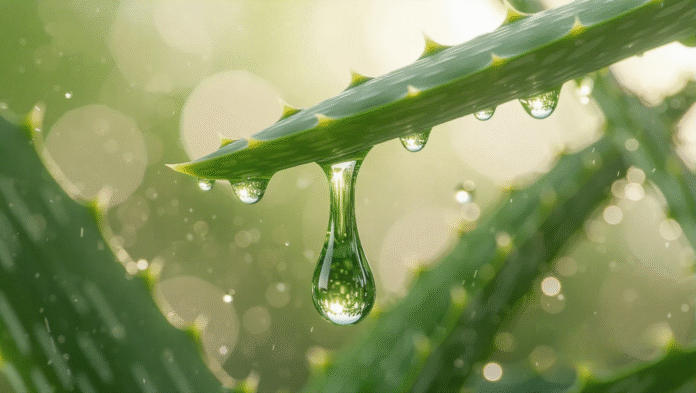 Goccia di gel di Aloe Vera trasparente che stilla da una foglia verde appena recisa, simbolo di freschezza e proprietà curative naturali per le escoriazioni.