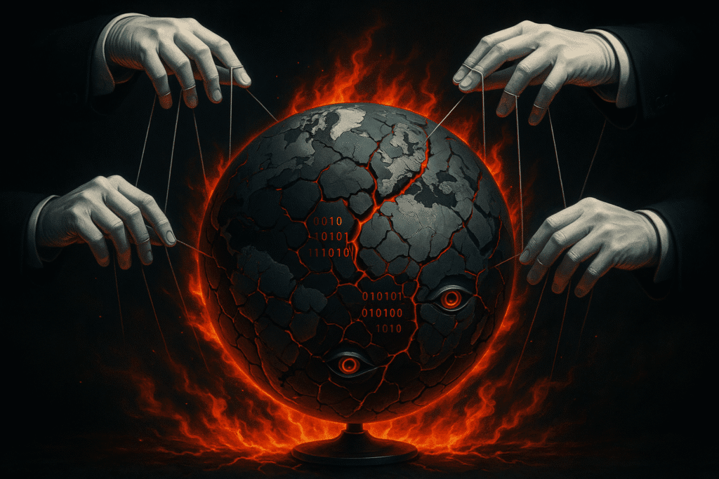 Globo terrestre in fiamme, simbolo di guerre e controllo globale, manipolato da mani invisibili.