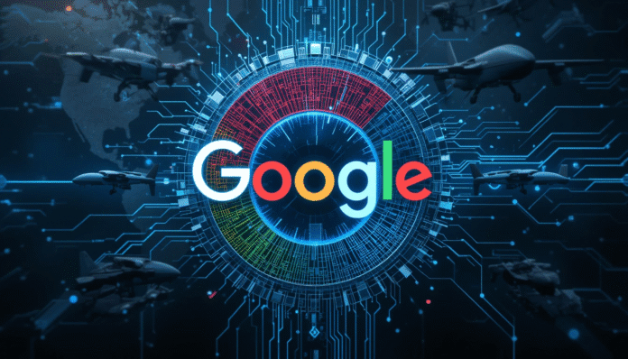 Logo Google si trasforma integrando elementi tecnologici e militari, simboleggiando la militarizzazione.