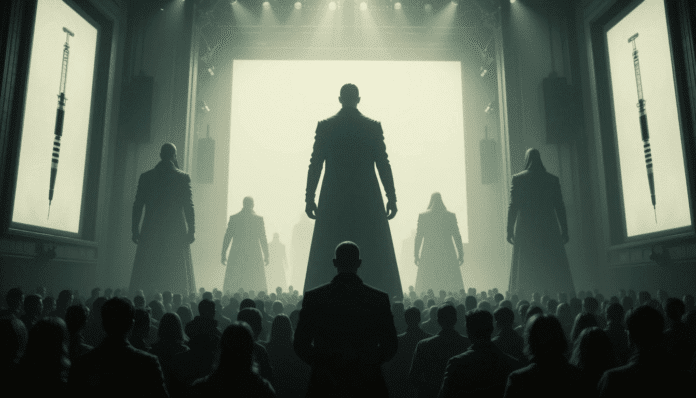 Figure autorevoli osservano una folla sottomessa, simboleggiando il controllo globale criticato nel Grande Recupero vaccinale.