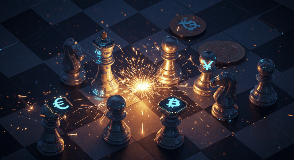 Scacchiera digitale con pedine di valute globali e Bitcoin che simboleggiano una guerra valutaria per le criptovalute.