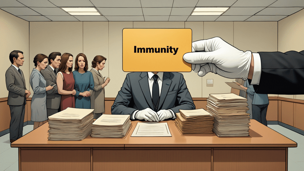 Illustrazione satirica di un burocrate che riceve un lasciapassare di immunità per l'abuso d'ufficio, mentre i cittadini osservano.