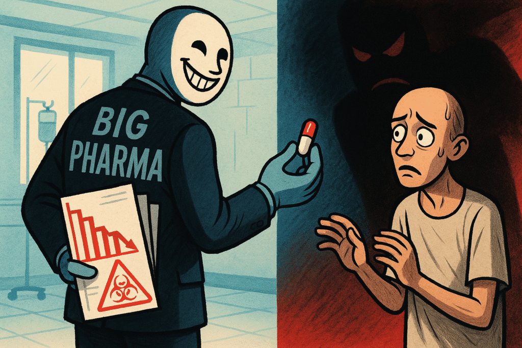 Illustrazione satirica dell'impatto di Big Pharma sulla salute pubblica, con offerta di farmaci e dati nascosti.