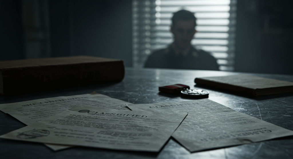 Documenti classificati e medaglia militare, simbolo dell'inchiesta sui crimini di guerra.