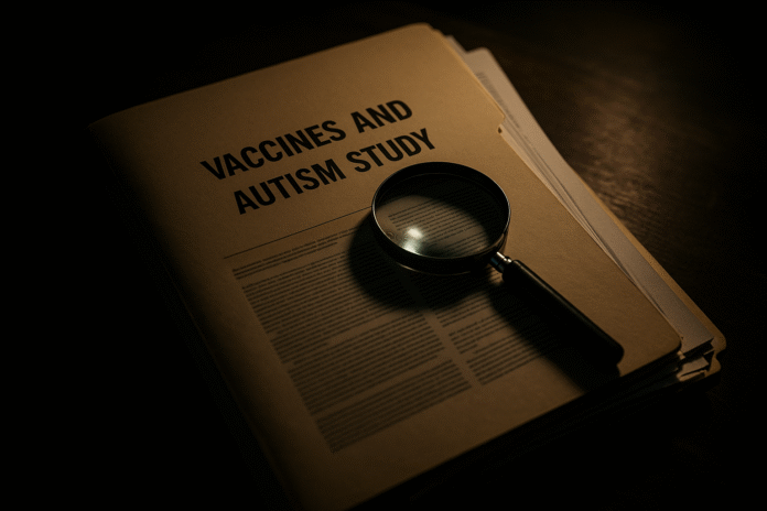 Documenti di ricerca sulla correlazione tra vaccini e autismo con lente d'ingrandimento, simbolo di approfondimento.