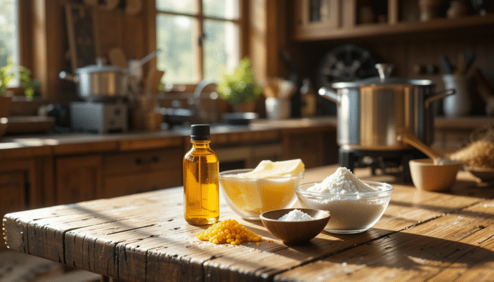 Ingredienti per la preparazione di una protezione solare naturale disposti su un tavolo di legno.