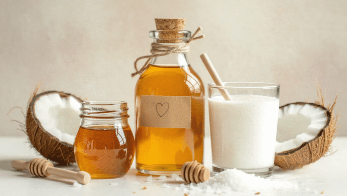 Selezione di ingredienti naturali – aceto di mele, miele e latte di cocco – efficaci contro il bruciore di stomaco.