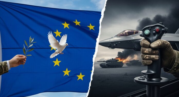 Immagine simbolica dell'ipocrisia europea, con una bandiera UE divisa tra un lato di pace con una colomba e un lato di guerra con un caccia F35.