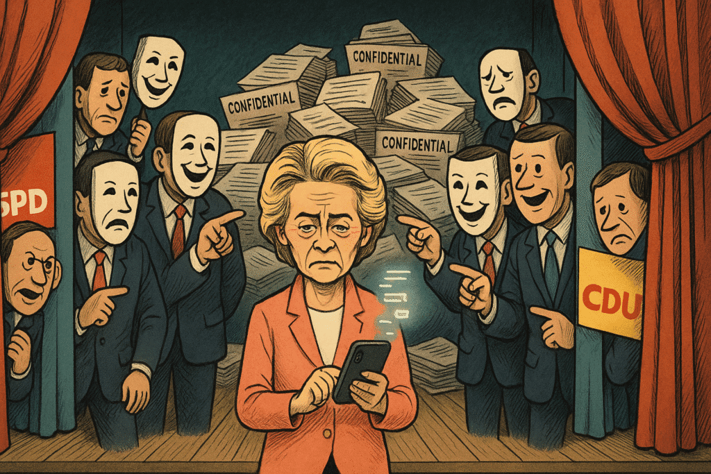 Scena teatrale satirica con Ursula von der Leyen e politici ipocriti riguardo allo scandalo della trasparenza sui vaccini Pfizer.