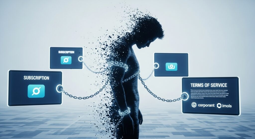 Figura umana incatenata digitalmente a schermi di abbonamenti, a rappresentare la servitù nel mondo senza proprietà privata.