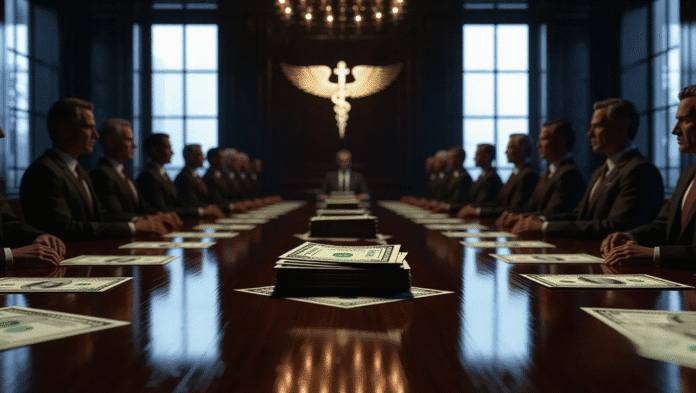 Sala riunioni oscura simboleggiante la corruzione nel settore farmaceutico con denaro e documenti legali.