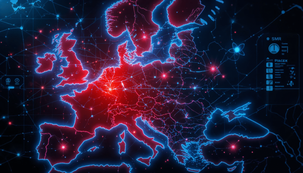 Mappa dell'Europa che mostra la crisi energetica in Germania e la svolta verso il nucleare SMR in Danimarca e Italia.