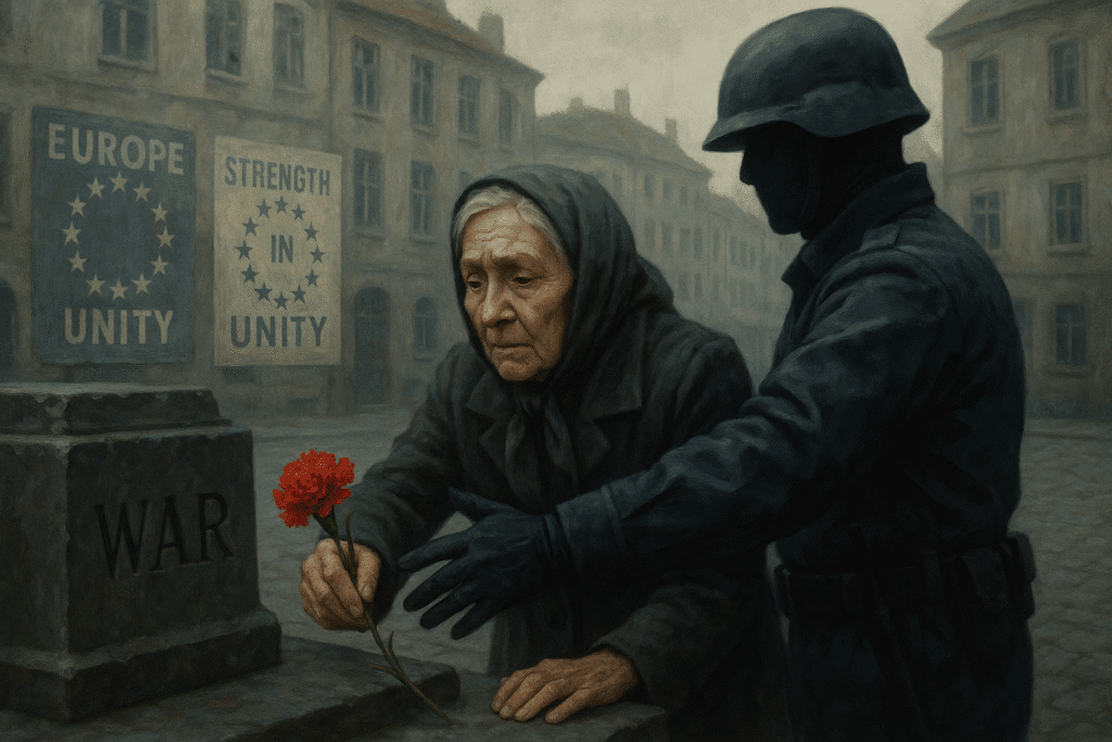 Anziana tenta di onorare la memoria storica ma viene ostacolata, simbolo del revisionismo occidentale.