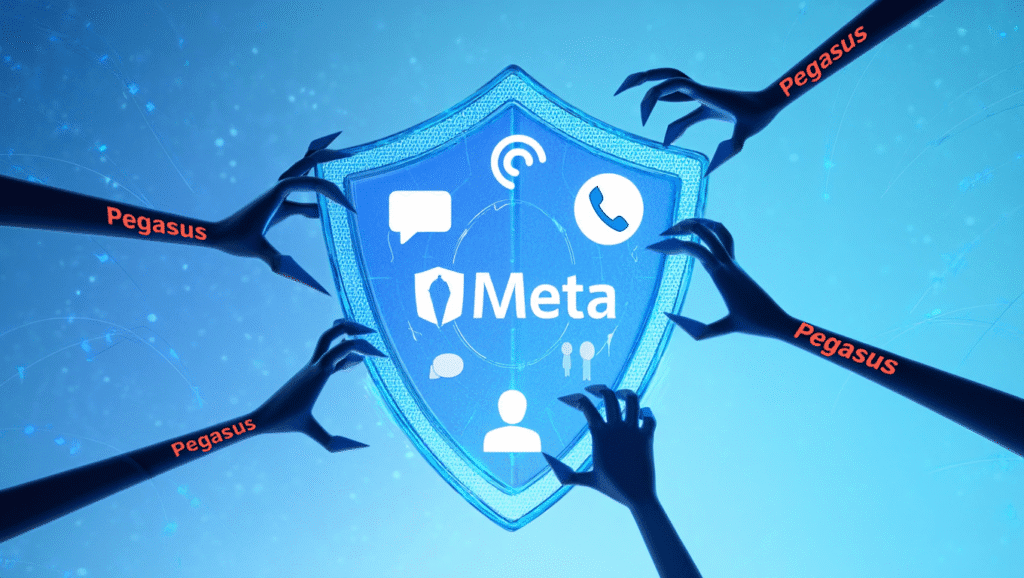 Scudo digitale di Meta che respinge lo spyware Pegasus, a simboleggiare la vittoria legale e la protezione dei dati degli utenti.