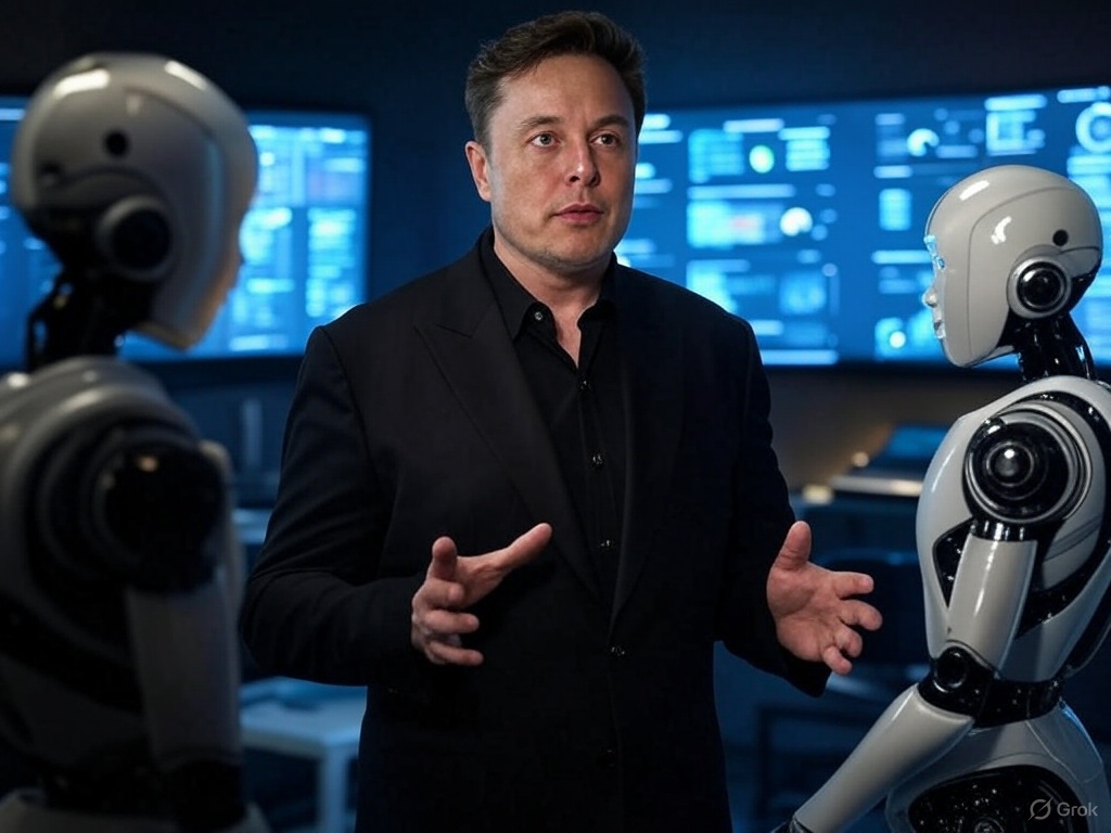 Elon Musk in abito scuro discute con ologrammi di robot in una sala stile bunker, schermi mostrano dati e grafici, illuminazione drammatica.