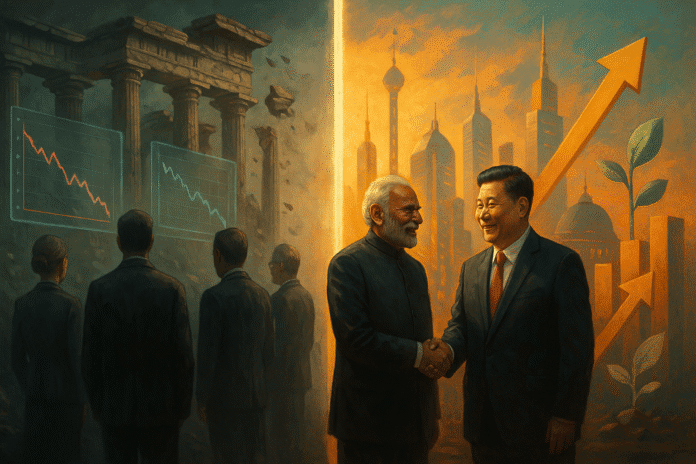 Illustrazione simbolica del declino dell'Occidente contrapposto all'ascesa di nuove alleanze globali.