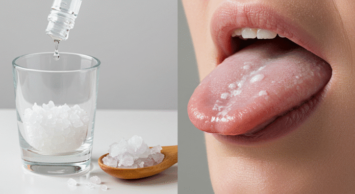 Goccia di olio di cocco pronta per essere applicata sulla lingua accanto a un bicchiere di acqua e sale, per il trattamento delle macchie bianche.