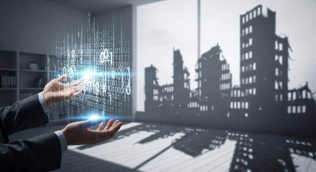 Le mani di un dirigente che sorreggono un ologramma di codice binario, la cui ombra proietta le rovine di una città, a simboleggiare la responsabilità di Microsoft.