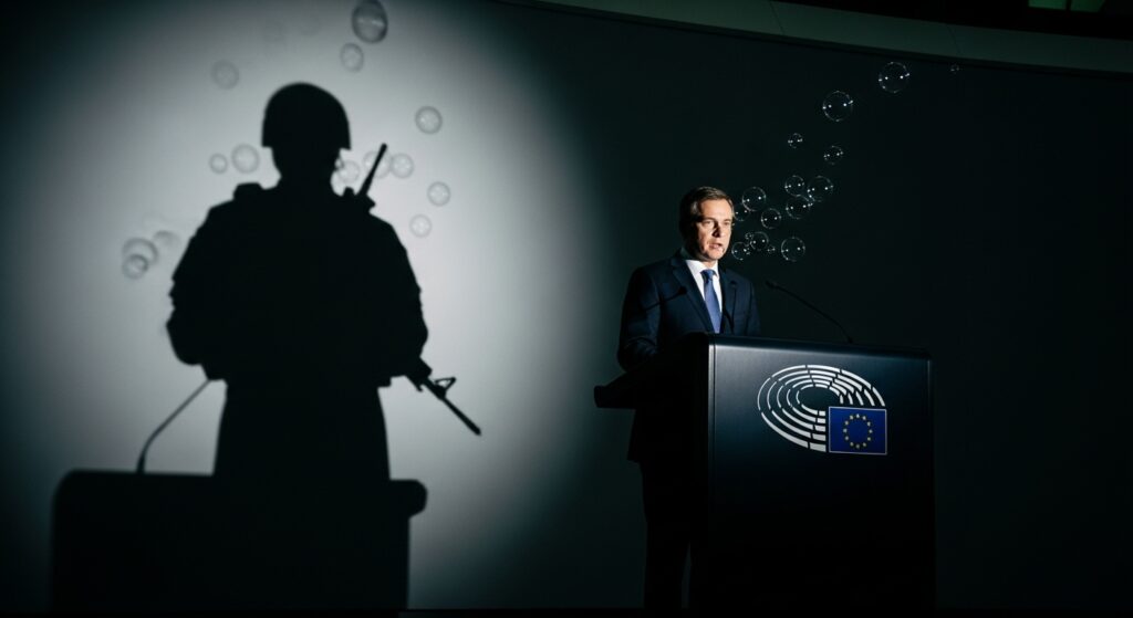 Politico senza volto tiene un discorso le cui parole sono bolle di sapone, mentre la sua ombra è quella di un soldato, a simboleggiare l'ipocrisia.