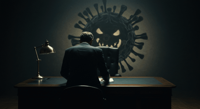 Politico firma documento con minacciosa ombra di virus alle spalle, simbolo del pericolo nascosto nel guadagno di funzione.