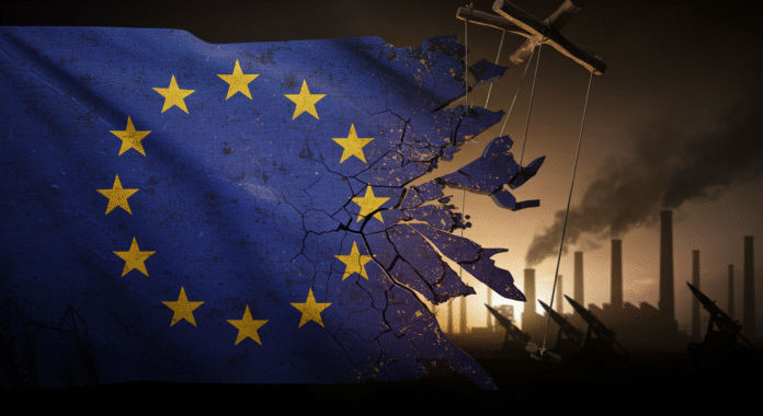 Bandiera europea frammentata e manipolata, simbolo del precario ordine europeo sotto influenze esterne e crisi industriale.