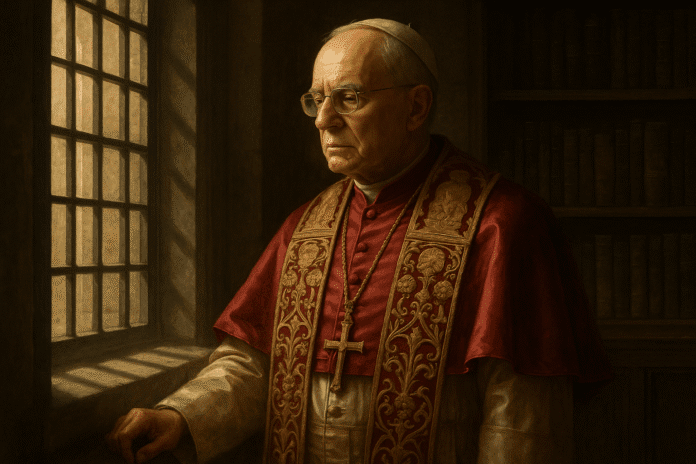 Papa Leone XIV in atteggiamento riflessivo presso una finestra della Biblioteca Vaticana.