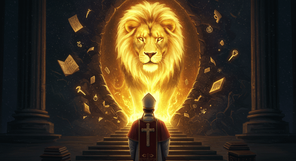 Papa Leone XIV e il simbolo del leone, rappresentazione del potere sovrano e della connessione con antiche tradizioni spirituali.