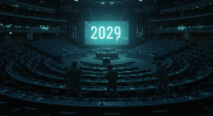 Aula parlamentare europea vuota e buia con soldati e la data 2029 proiettata, simbolo del commissariamento militare.