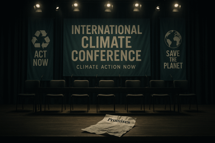 Palco vuoto di una conferenza sul clima a simboleggiare promesse non mantenute e la fuffa climatica.