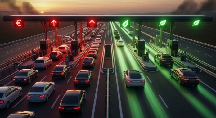 Auto elettriche su una corsia verde preferenziale superano auto a benzina e diesel bloccate a un casello autostradale con tariffe aumentate.