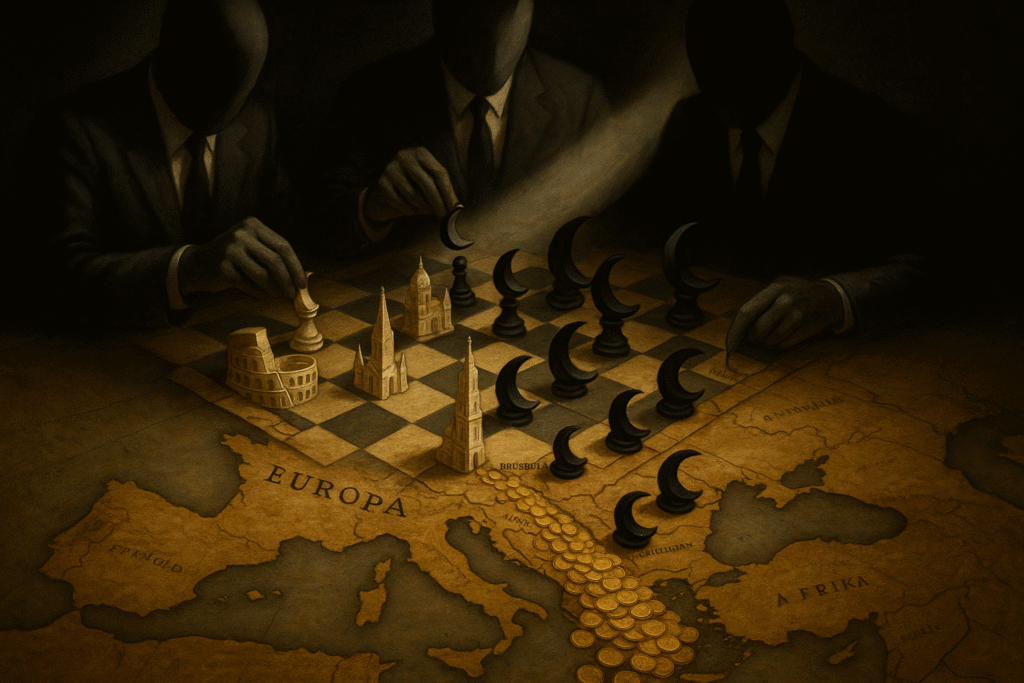 Scacchiera sulla mappa d'Europa dove tecnocrati senza volto sacrificano monumenti europei, finanziando il tutto con fondi UE diretti verso l'Africa.