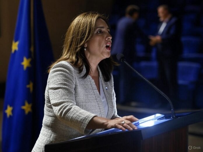 Pina Picierno al Parlamento Europeo con un'allusione a incontri controversi sullo sfondo, simbolo di doppia morale.