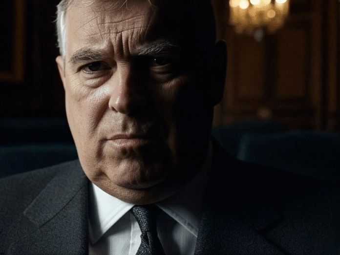 Il Principe Andrea, Duca di York, con sguardo preoccupato e circondato da ombre che alludono allo scandalo.