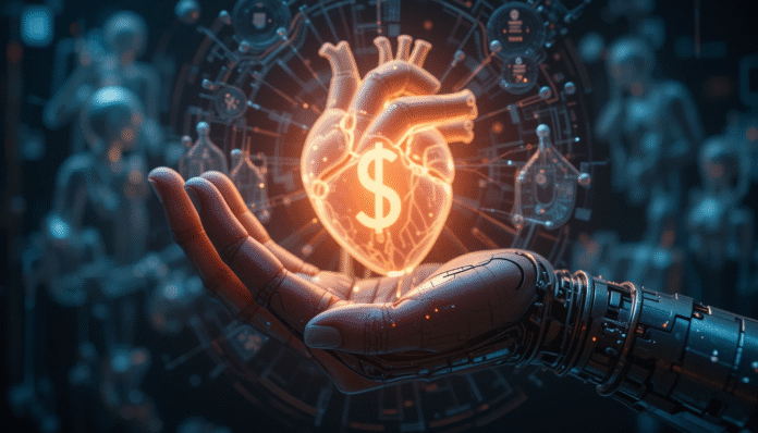 Immagine simbolica della privatizzazione della sanità: una mano robotica sostituisce una mano umana sopra un cuore che diventa il simbolo del dollaro.